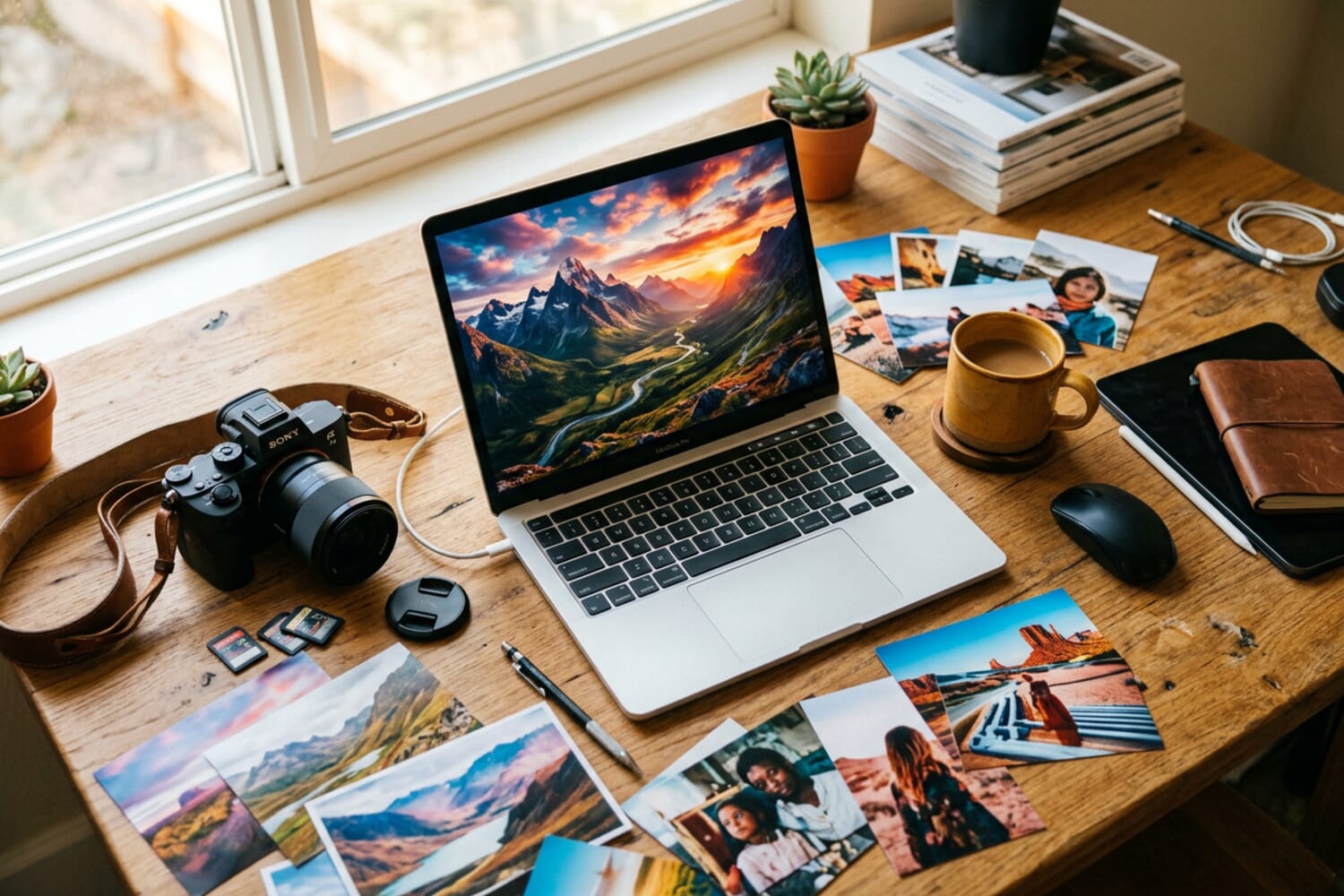 Photographer workspace with AI-generated images on laptop screen, illustrating Google Nano Banana 2 capabilities