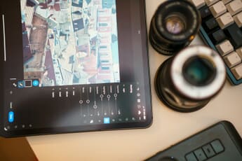 Photo editing workspace with tablet and photography gear for output sharpening