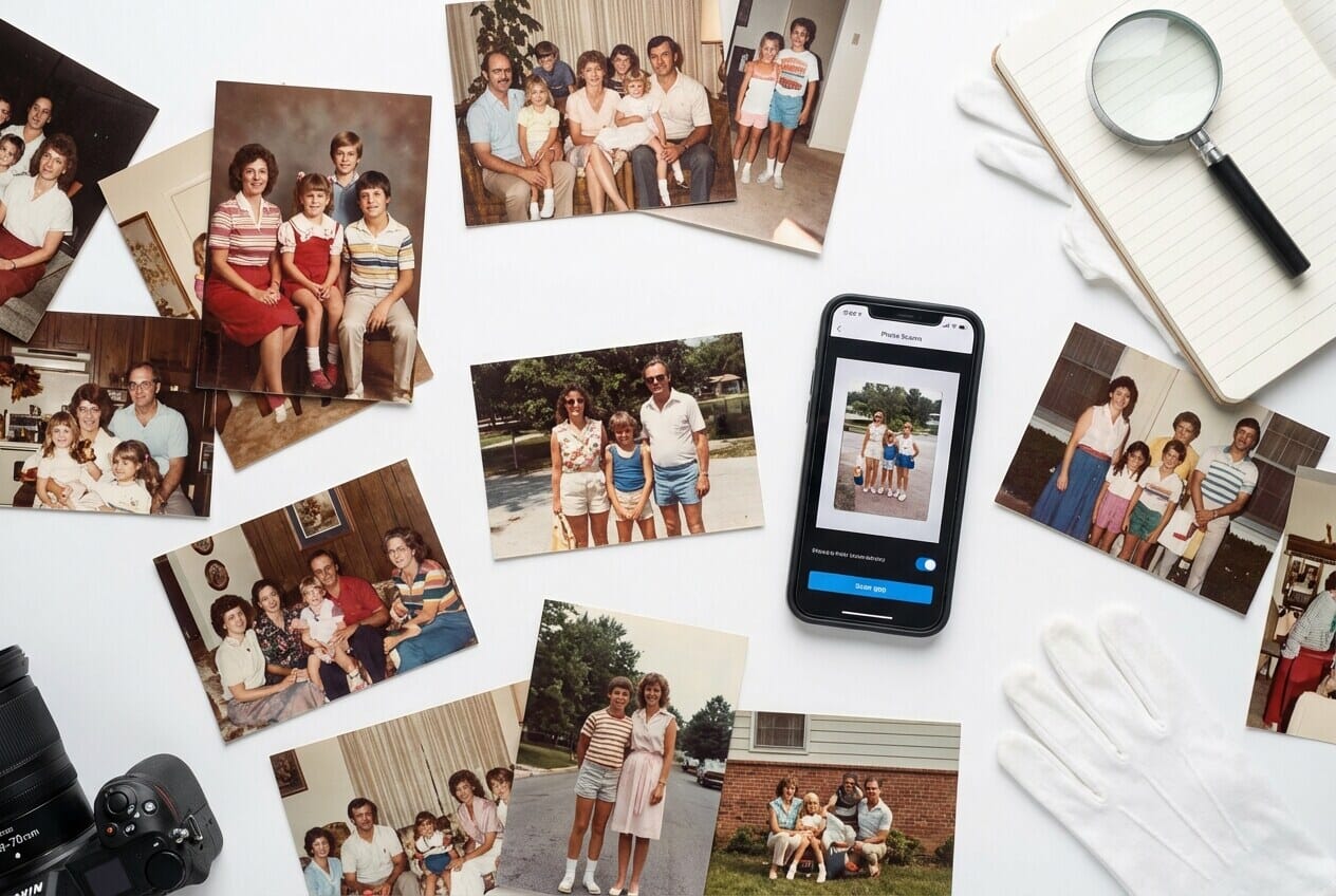 Smartphone scanning vintage family photos spread on white surface with camera and magnifying glass