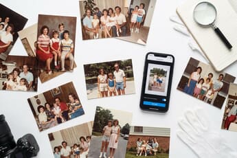Smartphone scanning vintage family photos spread on white surface with camera and magnifying glass