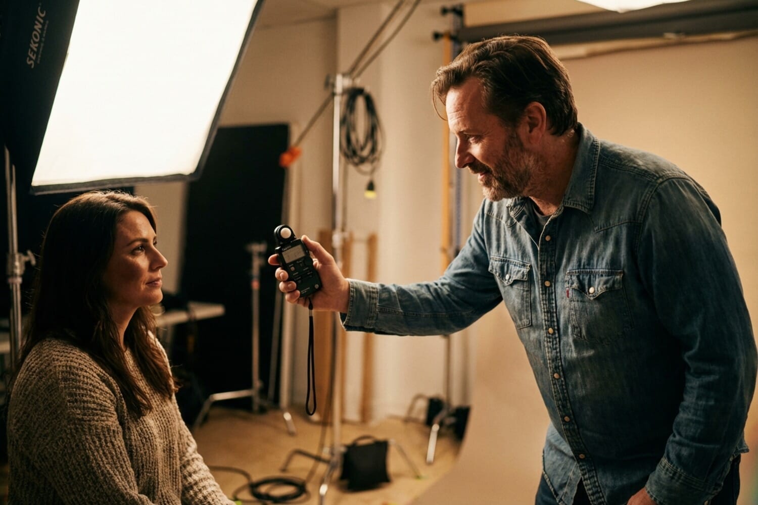 Photographer using a handheld light meter in a studio with softbox lighting
