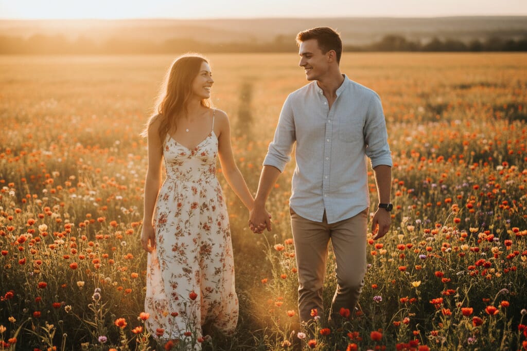 Creative photoshoot ideas showing couple photography at golden hour in a flower field