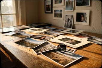 Beautifully printed photographs laid out on a wooden desk with gallery wall in the background