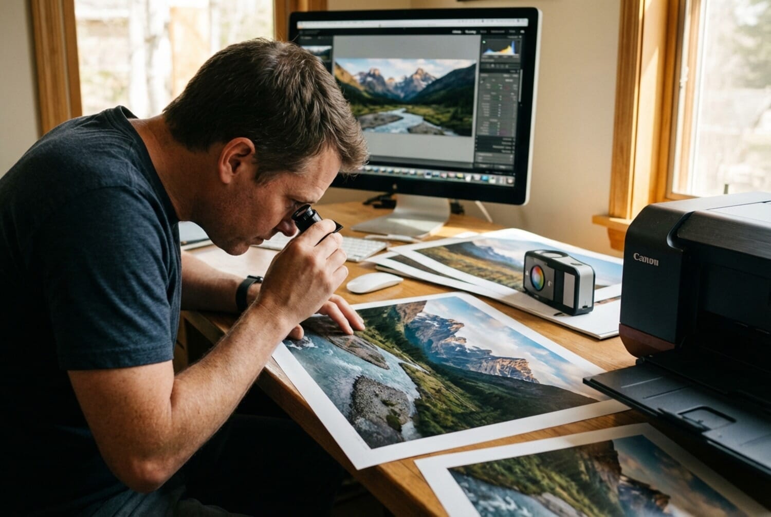Photographer examining a high-quality photo print from Lightroom with editing software visible on monitor
