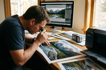 Photographer examining a high-quality photo print from Lightroom with editing software visible on monitor