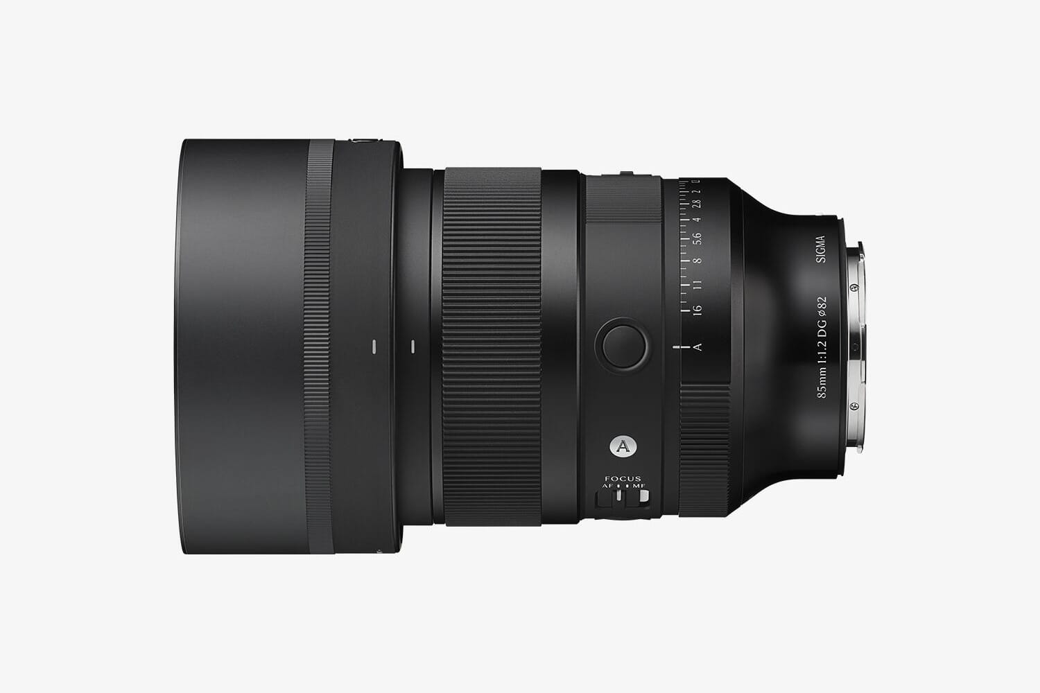 Sigma 85mm F1.2 DG Art lens product render showing the lens barrel, aperture ring, and 82mm filter thread
