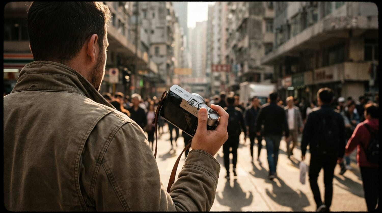 Street photographer shooting candidly on a busy urban street during golden hour