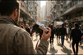 Street photographer shooting candidly on a busy urban street during golden hour