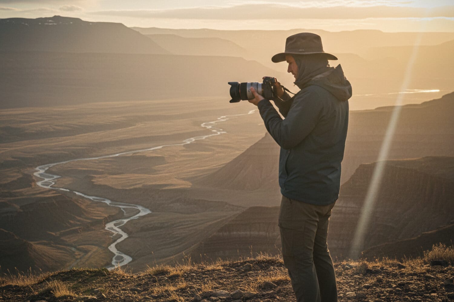 Photographer reviewing photos on camera at golden hour with dramatic landscape behind