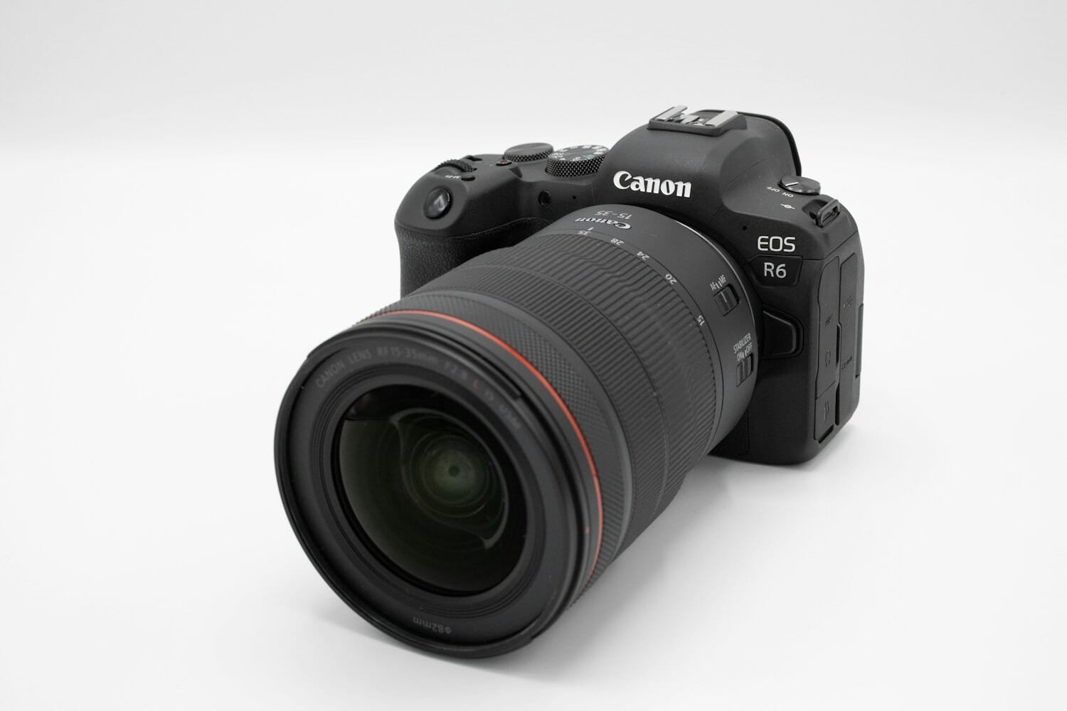 Canon EOS R6 mirrorless camera with RF lens on white surface