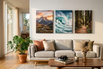 Modern living room with three canvas prints of landscape photography hanging on a white wall — showing how canvas prints enhance home decor