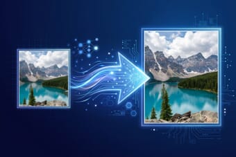 AI photo enlargement software comparison - small pixelated image being upscaled to a crisp, high-resolution version