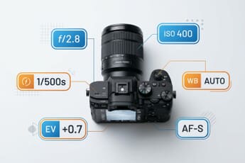 Camera settings cheat sheet - visual guide showing aperture, shutter speed, ISO, white balance, and focus mode settings on a mirrorless camera