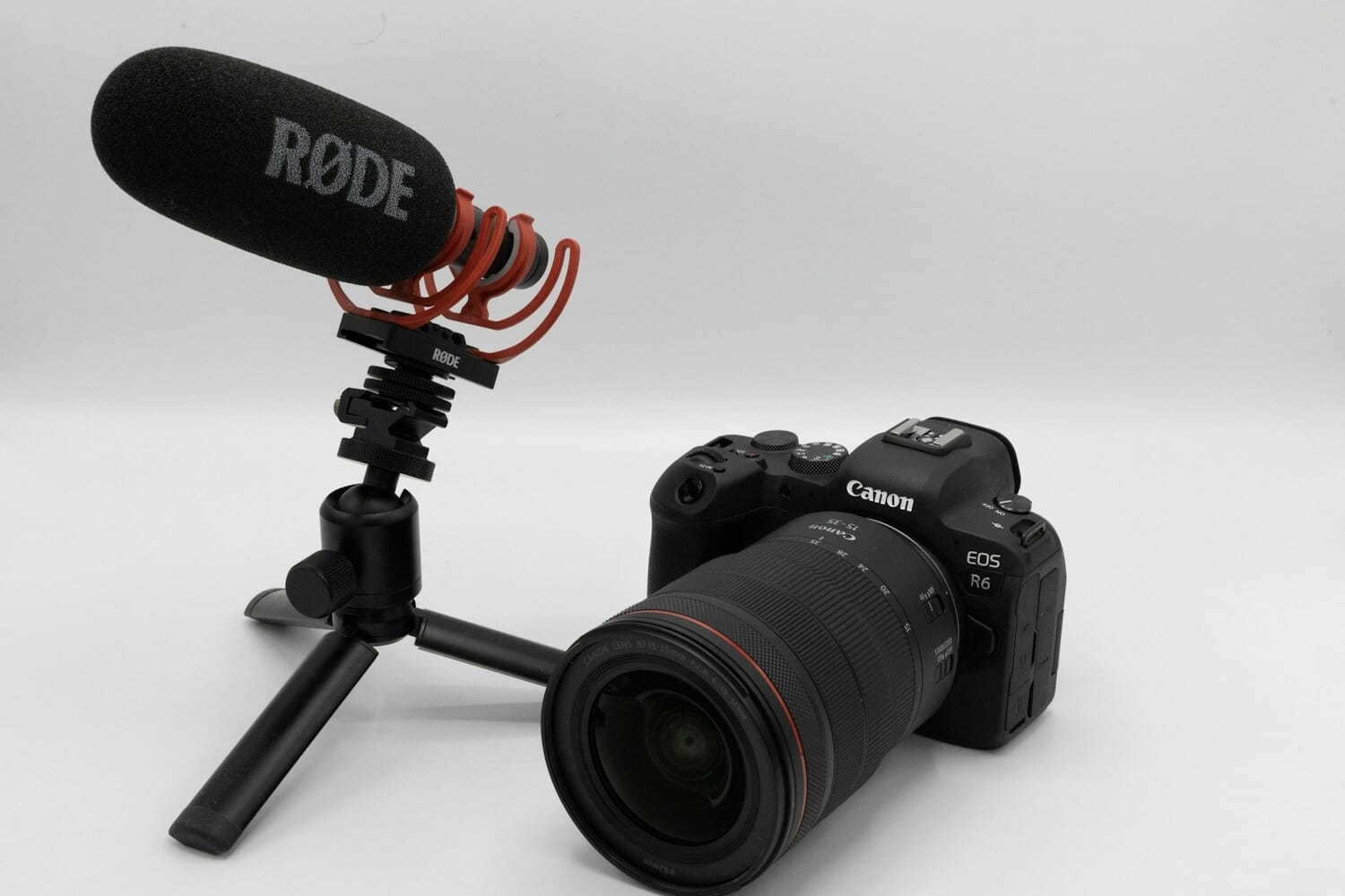 Canon EOS R6 mirrorless camera with attached lens on a tripod