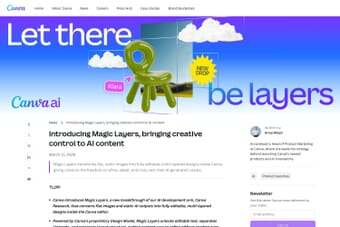 Canva Magic Layers announcement page showing the new AI-powered feature that turns flat images into editable layered designs