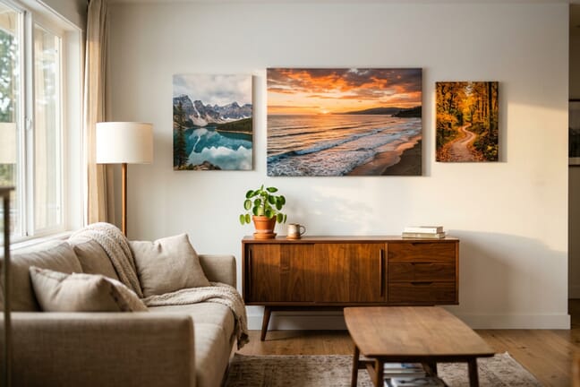 Beautiful canvas prints displayed on a modern living room wall with warm lighting - landscape photography canvas art in multiple sizes above a mid-century credenza