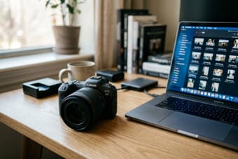 Professional photographer workspace with mirrorless camera and laptop displaying RAW image files, illustrating the DNG digital photography workflow