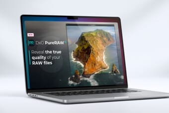 DxO PureRAW 6 welcome screen on a MacBook showing the new interface and landscape demo image