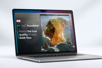 DxO PureRAW 6 welcome screen on a MacBook showing the new interface and landscape demo image