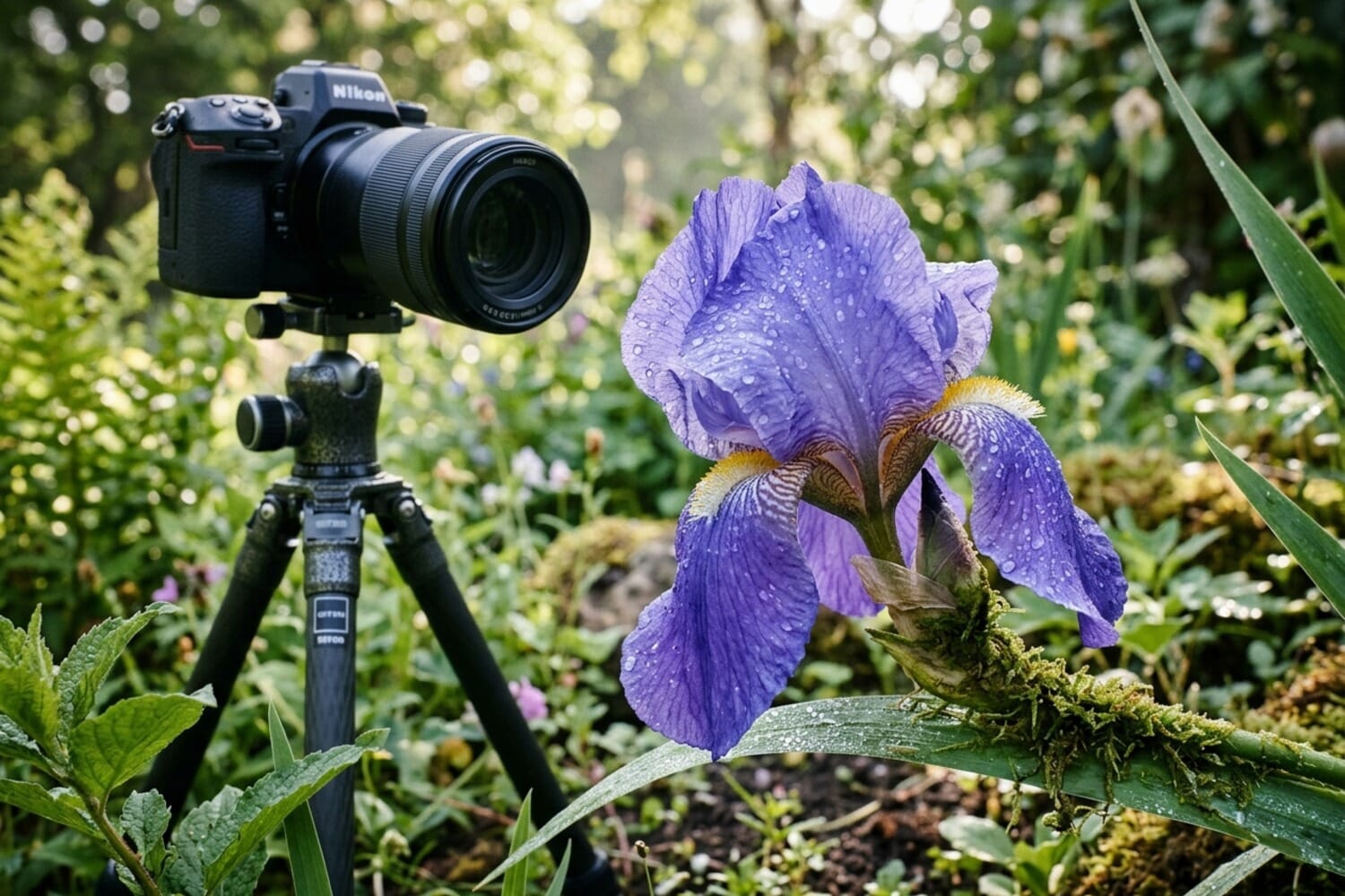 Macro flower photography setup with tripod and camera demonstrating focus stacking technique