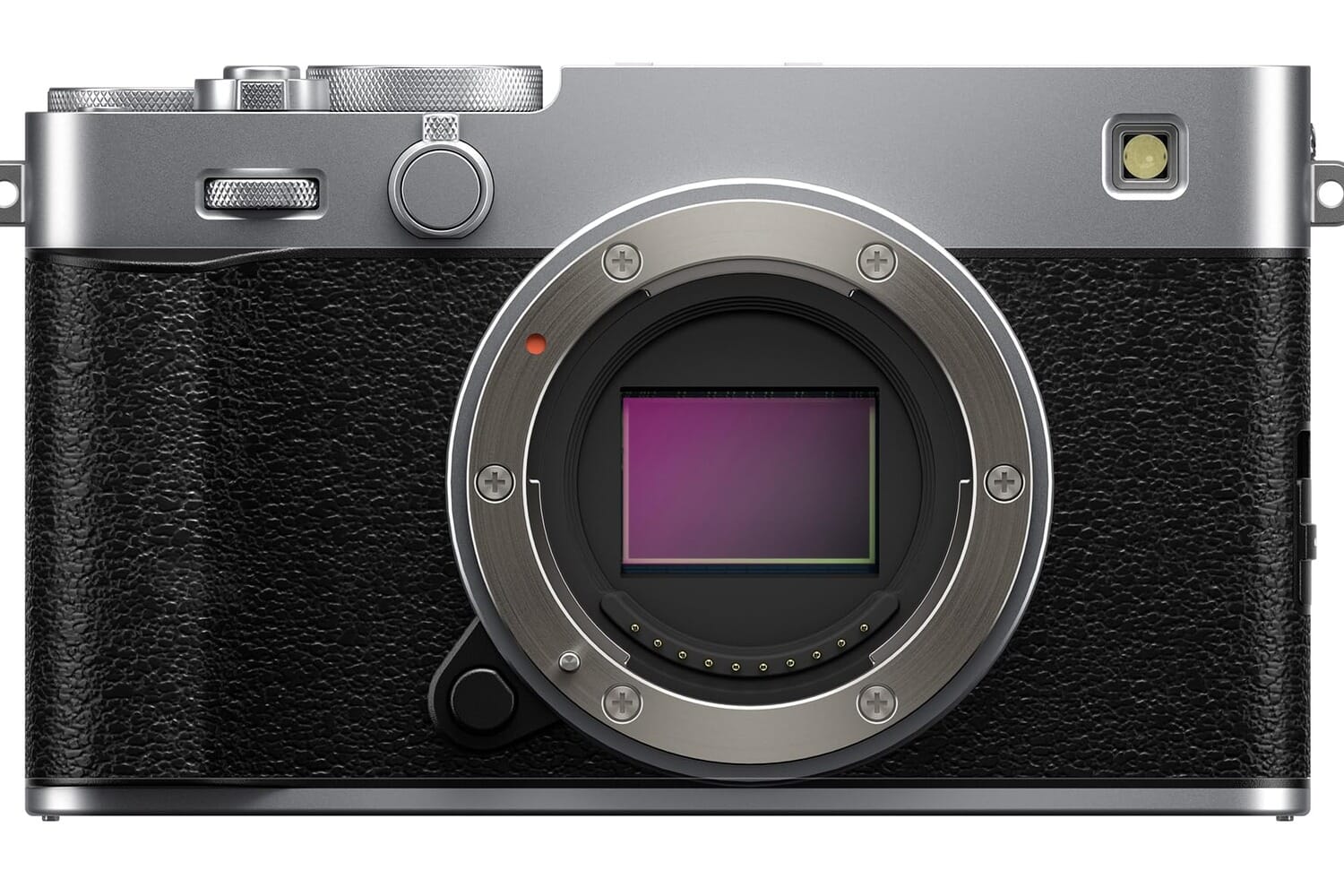 Fujifilm X-E5 mirrorless camera in silver with rangefinder-style design