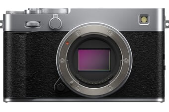 Fujifilm X-E5 mirrorless camera in silver with rangefinder-style design