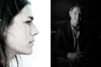 High key vs low key portrait photography comparison — bright airy studio portrait on left, dramatic dark moody portrait on right