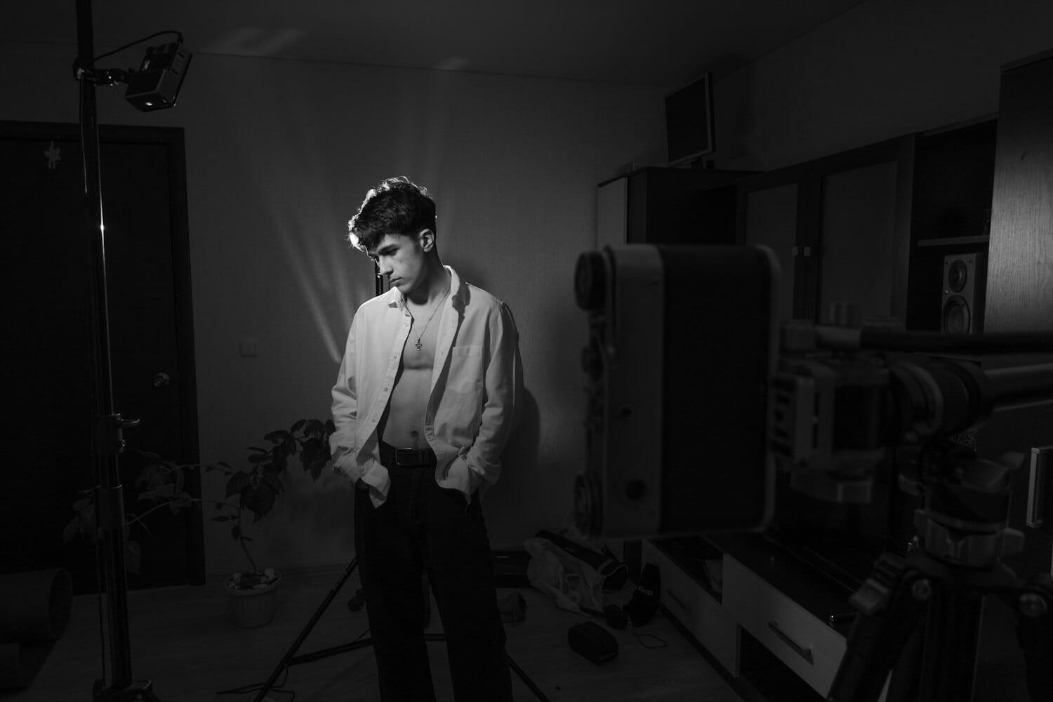 Indoor photography setup with camera and studio lighting