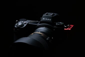 Nikon Z mirrorless camera on dark background