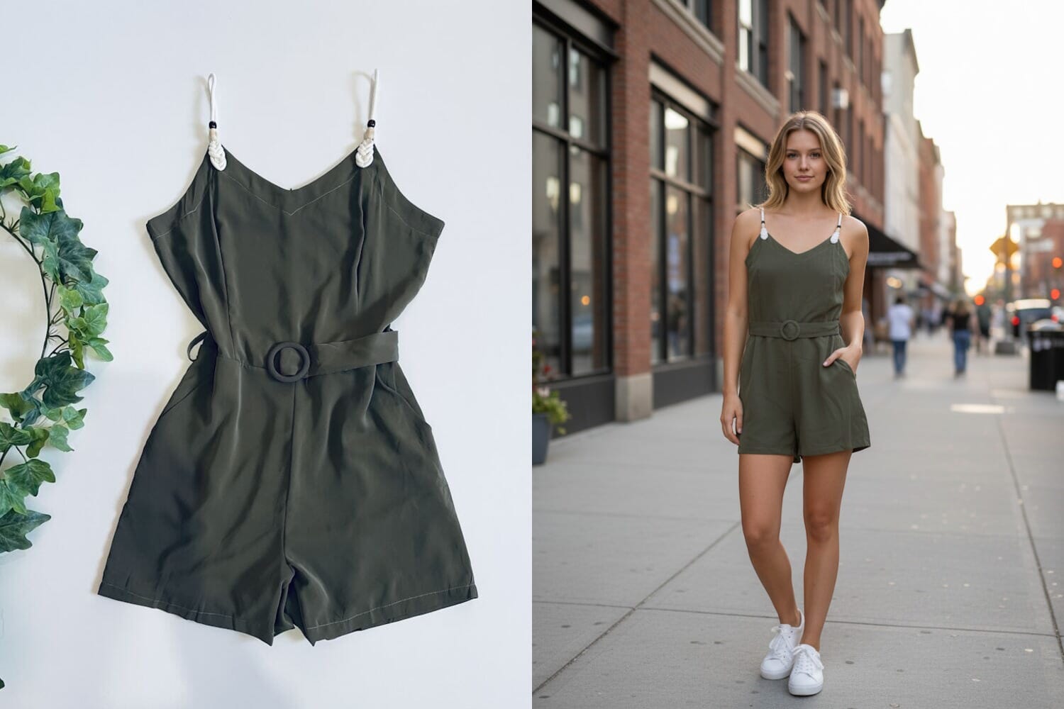 Before and after: flat lay dress photo transformed into AI virtual model photoshoot using Photoroom API