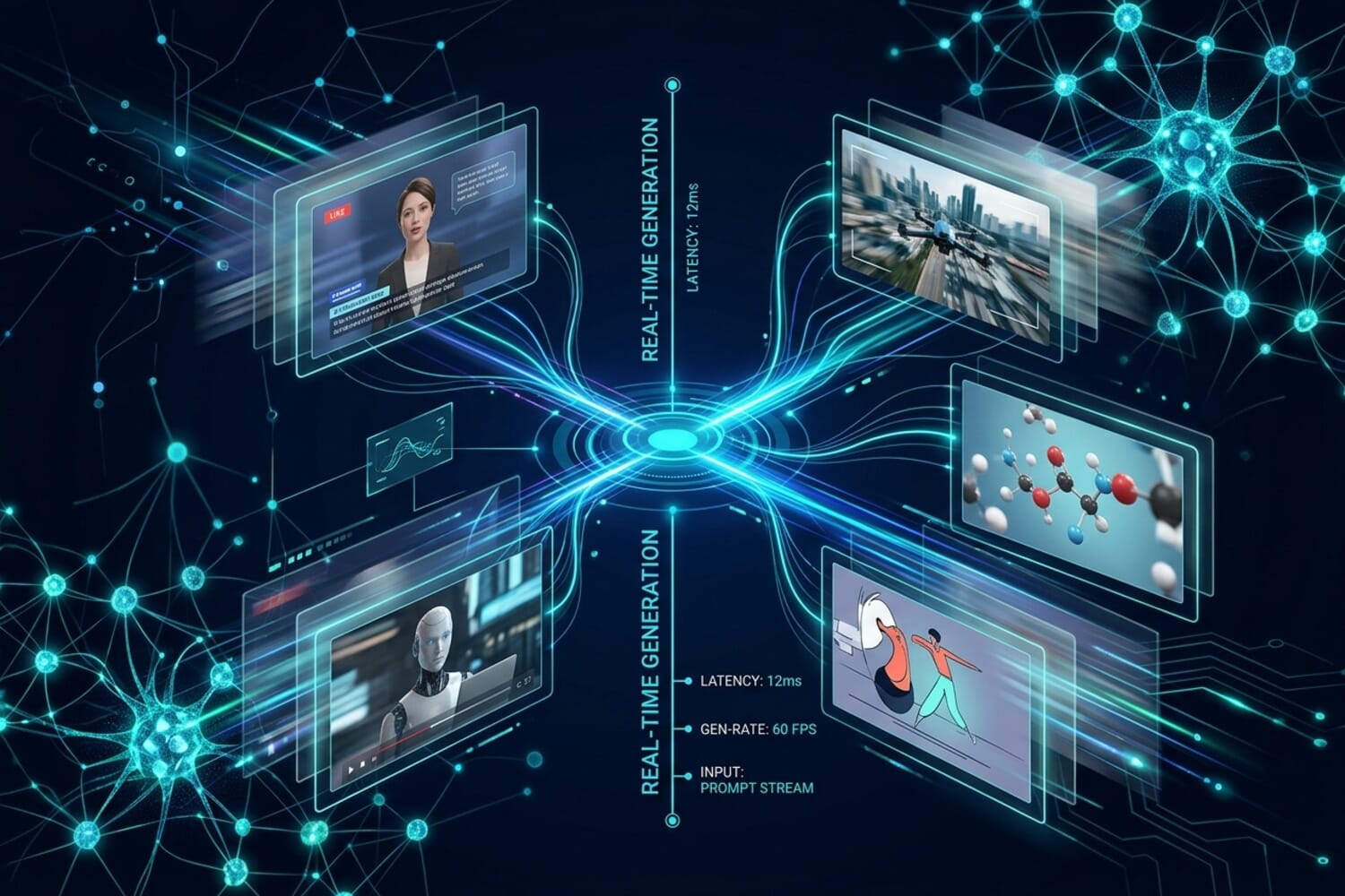 AI-generated illustration of real-time video generation technology with holographic displays and neural network patterns