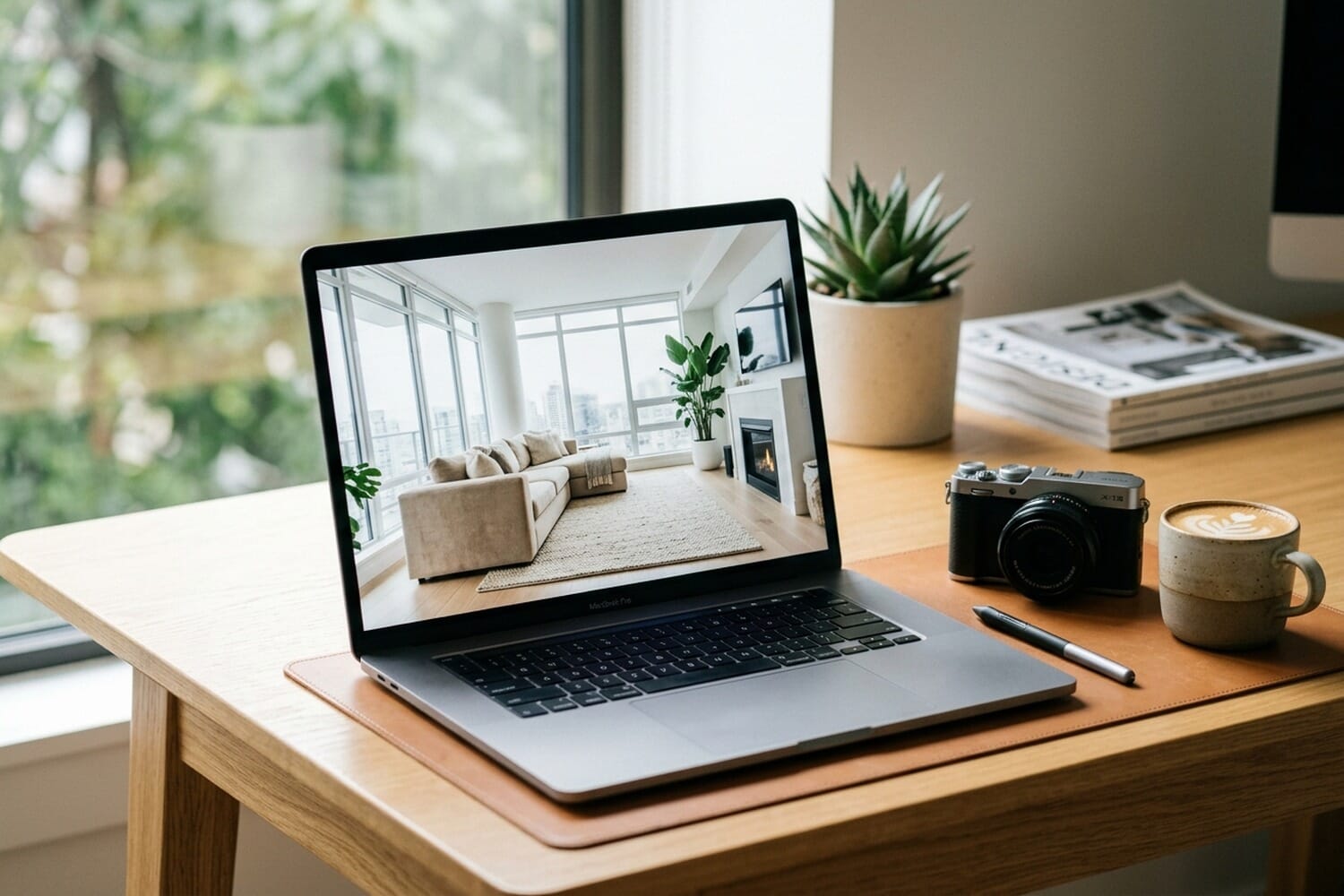 Modern real estate photography editing workflow on a laptop showing a contemporary living room listing photo