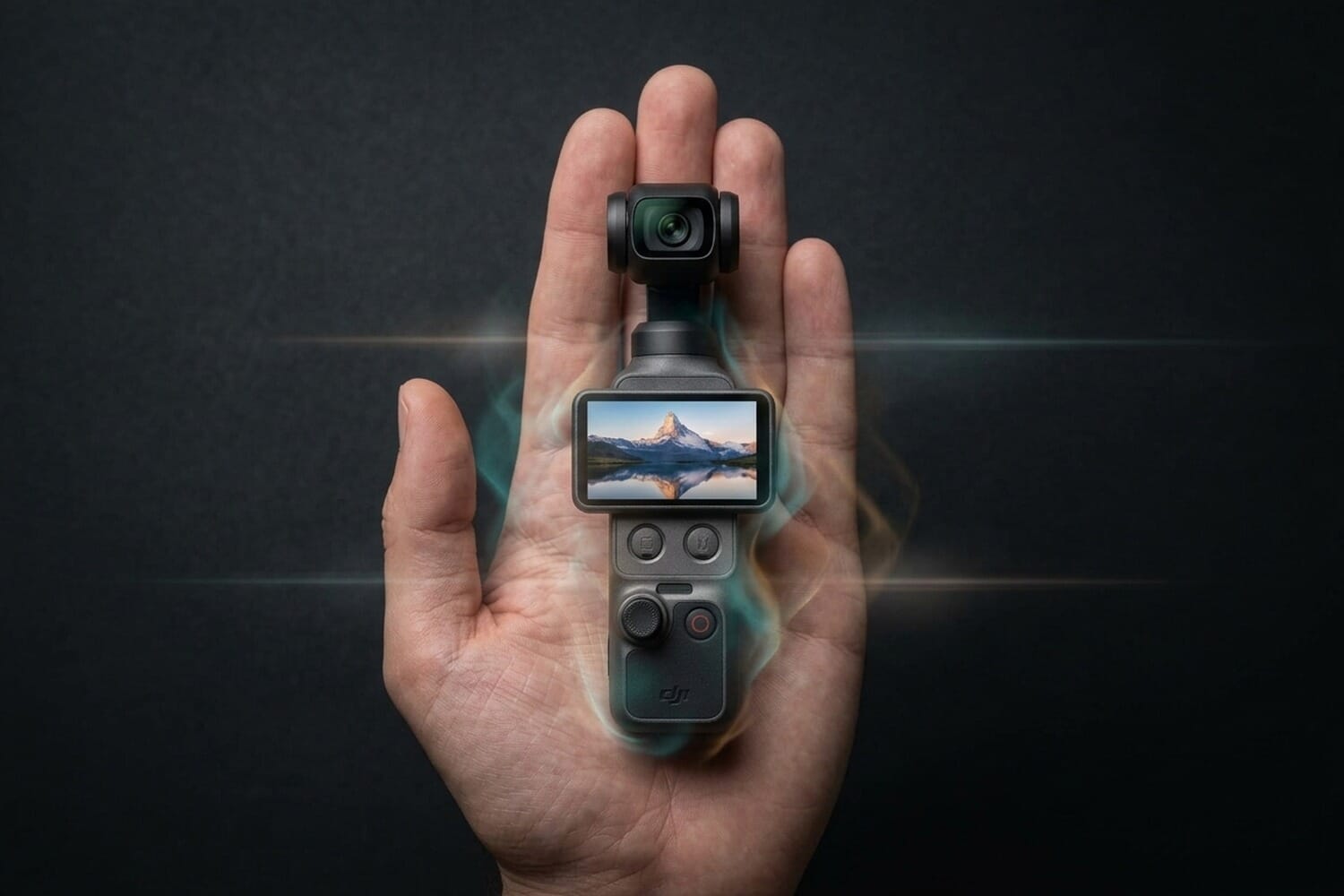 DJI Osmo Pocket 4 held in a human palm with a soft teal-and-amber glow, evoking DJIs Wonders in Your Palm teaser for the May 7 event