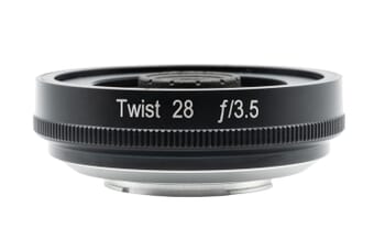Lensbaby Twist 28 pancake lens product render showing the compact Petzval-inspired wide-angle lens