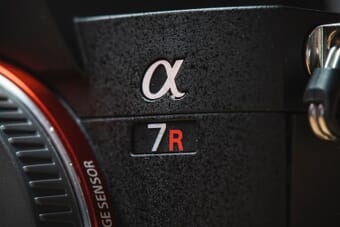 Close-up of a Sony Alpha A7R IV mirrorless camera body