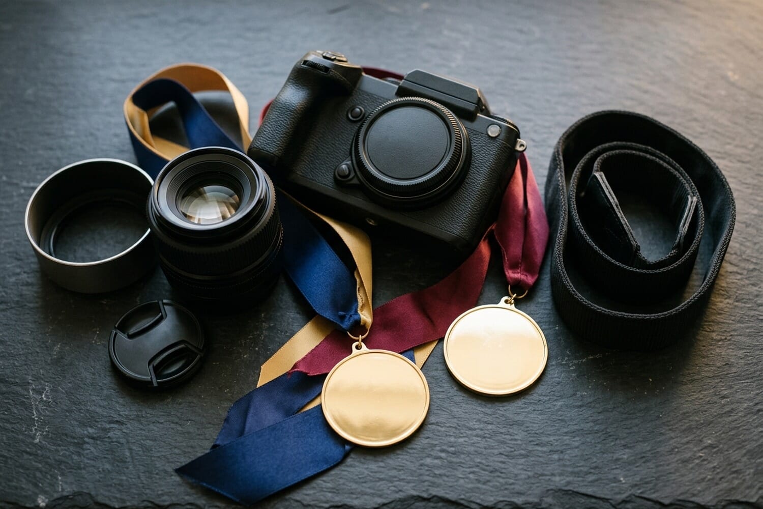 TIPA World Awards 2026 editorial hero — camera, lens, and gold medals on a dark slate surface