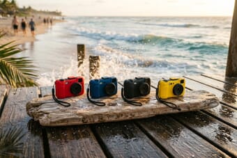 Four colorful waterproof compact cameras lined up on driftwood at a beach with sea spray behind