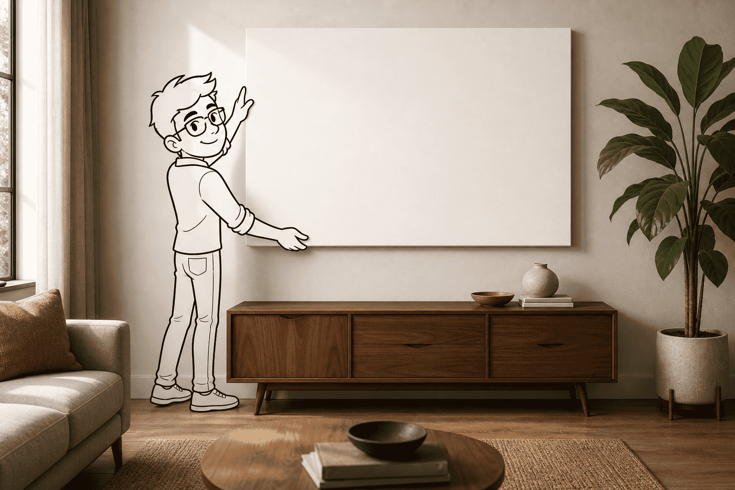 PhotoWorkout mascot adjusting a blank canvas print in a styled living room — 22 canvas print ideas for your walls