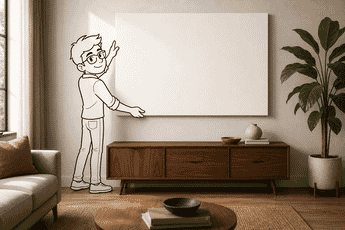PhotoWorkout mascot adjusting a blank canvas print in a styled living room — 22 canvas print ideas for your walls