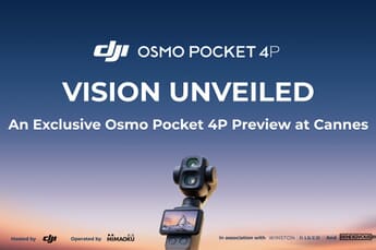 DJI Osmo Pocket 4P unveiled at the Cannes Film Festival 2026 — official DJI promotional image showing the dual-lens stacked head, color screen, and gimbal mount