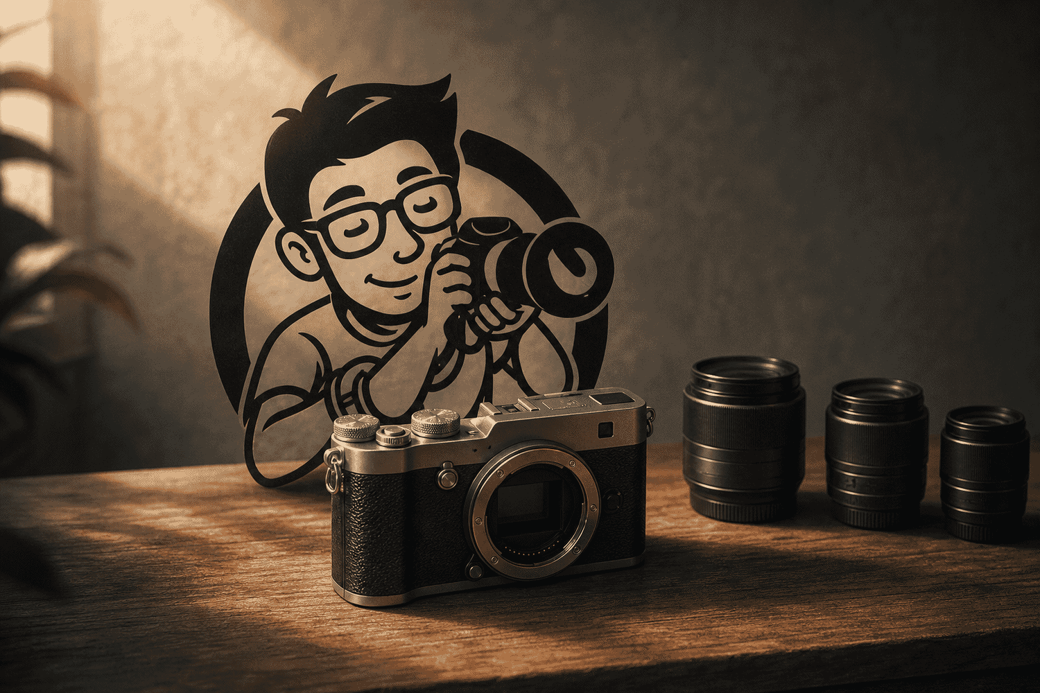 Editorial illustration of the PhotoWorkout mascot examining a retro mirrorless camera with three lens silhouettes — the 10 Fuji X-Mount lenses worth buying in 2026