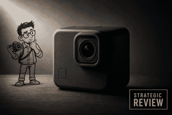 PhotoWorkout illustration: GoPro action camera under dramatic single-light, mascot looking thoughtful with STRATEGIC REVIEW badge