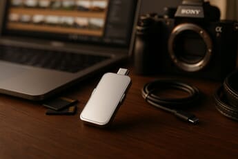 Lexar D70E 2TB SSD thumb drive on a photographer's desk with SD cards and a Sony A7R V camera body in the background
