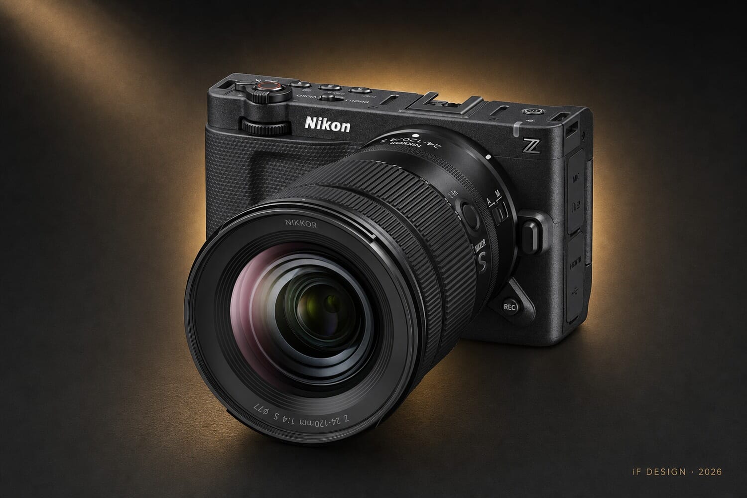 Nikon ZR cinema camera with golden halo backdrop — winner of an iF Design Award 2026