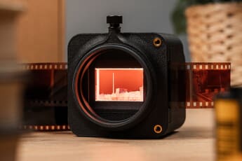 The Valoi easy35 v2 film-scanning unit with a 35mm color negative strip loaded and backlit.