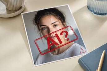 A real portrait photo stamped with a red AI? mark — illustrating a genuine photo wrongly flagged as AI-generated