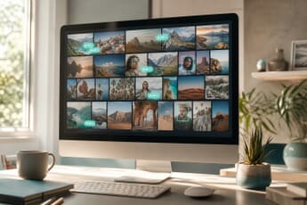 AI photo organizer software displaying an automatically sorted, tagged photo library with face-recognition boxes on a desktop monitor