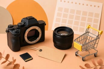A camera, lens, SD card, price tag and shopping cart on a warm surface, illustrating Amazon Prime Day 2026 camera deals