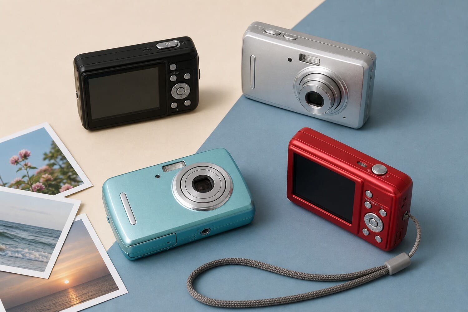 A flat-lay of colorful budget point-and-shoot digital cameras — the under-$200 digicams Gen Z is buying