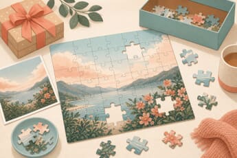 A custom photo jigsaw puzzle assembled from a landscape photo, with scattered pieces and a gift box — best custom photo puzzle services 2026